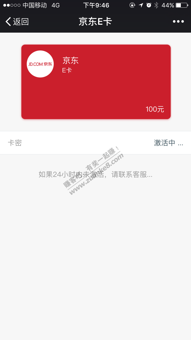 浦大喜奔app兑换的100元京东e卡,去天天有折