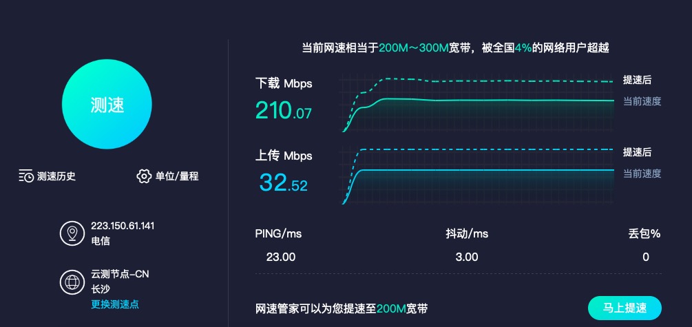 湖南电信--小翼管家---提速200----天天宽带-成功-附上测速图-惠小助(52huixz.com)