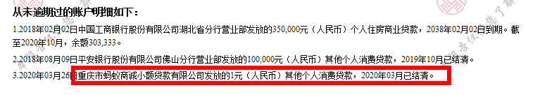 征信：重庆市蚂蚁商诚小额贷款有限公司发放的1元（人民币）其他个人消费贷款-惠小助(52huixz.com)