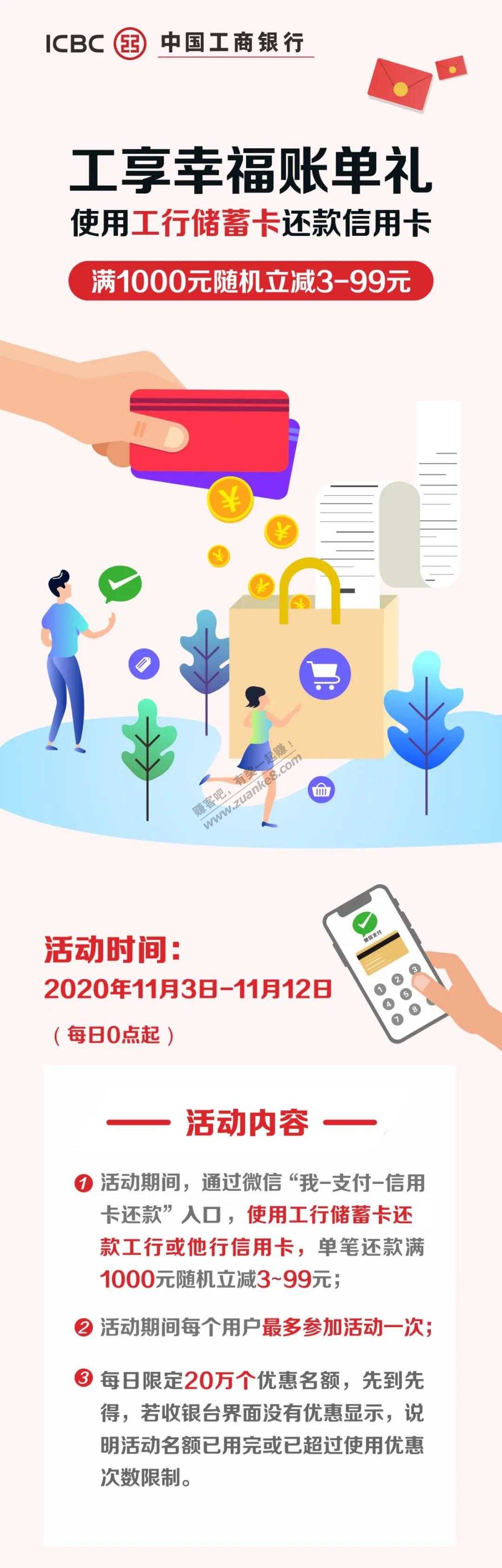 工行储蓄卡还款信用卡满1000元随机立减3-99元-惠小助(52huixz.com)