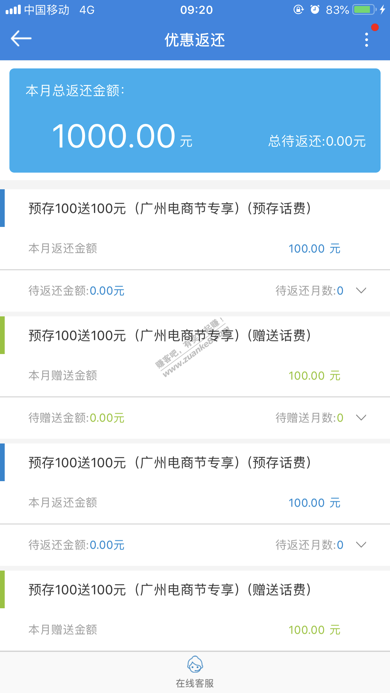 感谢线报-移动充了500-到了1000-惠小助(52huixz.com)