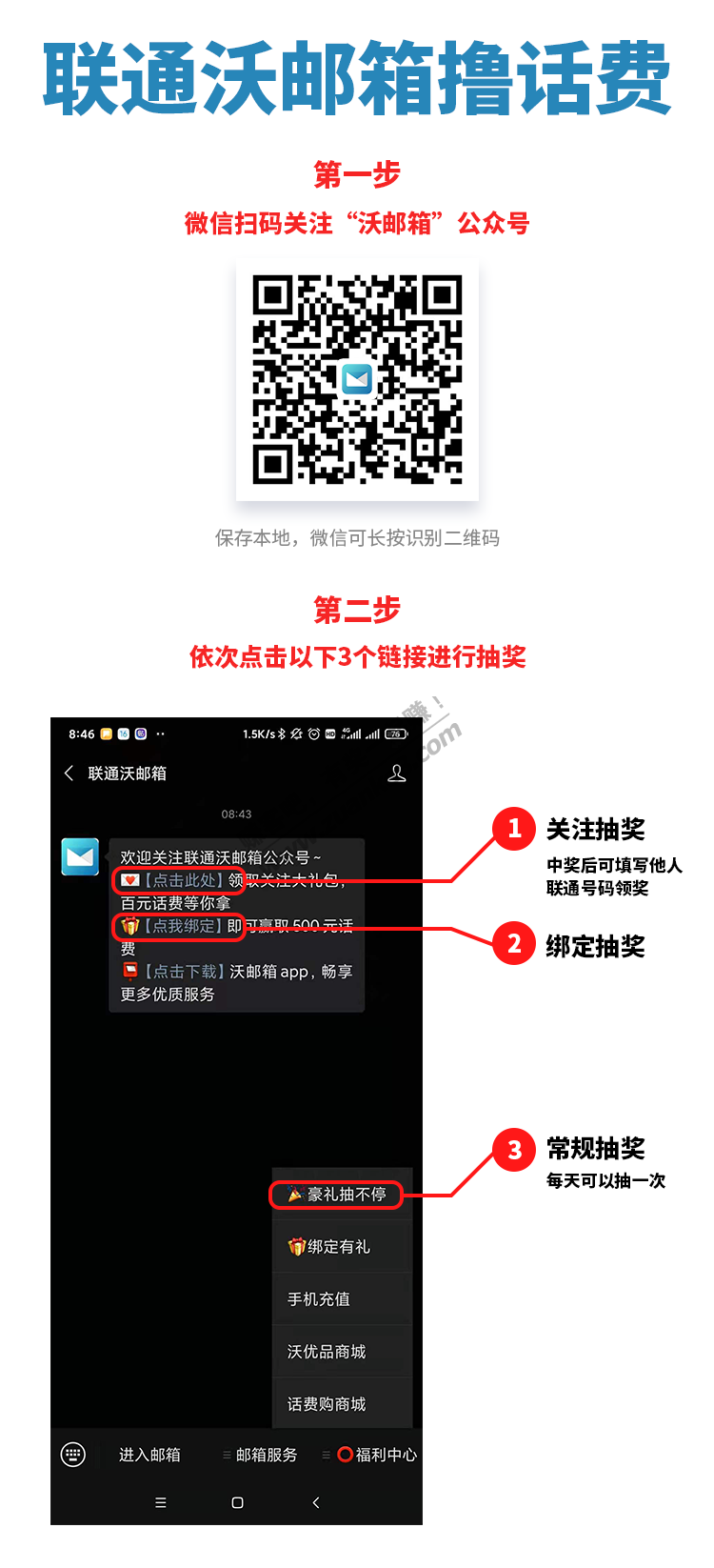 联通沃邮箱公众号不定期有水-每天可抽一次-最多100元话费-惠小助(52huixz.com)